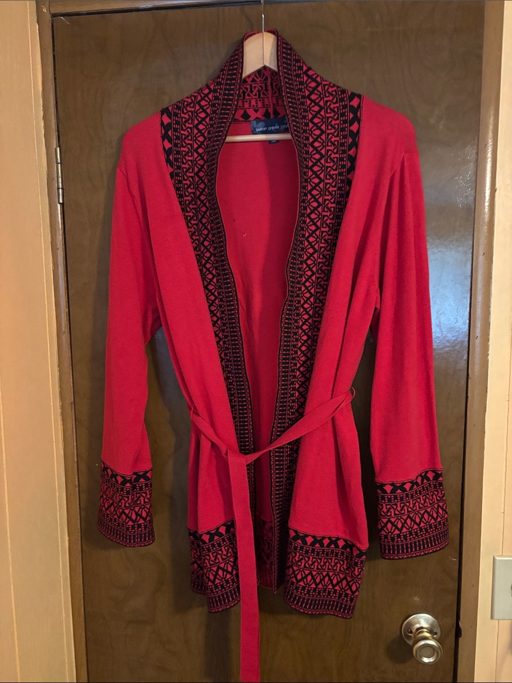 Susan Graver Red Open-Front Cardigan with Black Trim